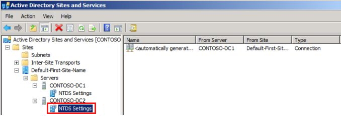 Screenshot of the Active Directory Sites and Services windows with the NTDS Settings selected.