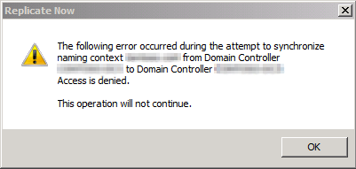 Screenshot of the Replicate Now window that shows a sample of the error.