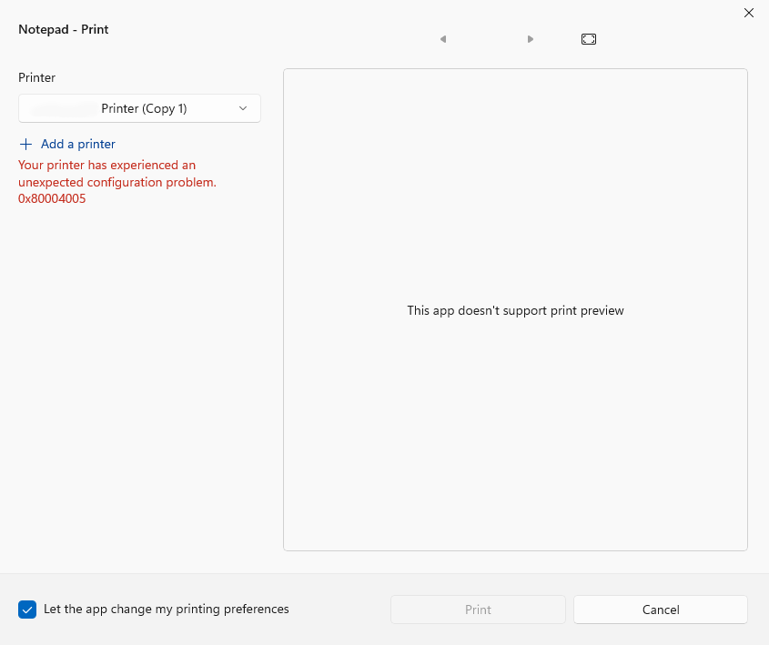 Windows 11 Regression Print Dialog Error