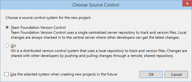 0601-c_SupplementalText2 Screenshot of the Choose Source Control dialog in Visual Studio showing supplemental text that describes each of the source control system options.