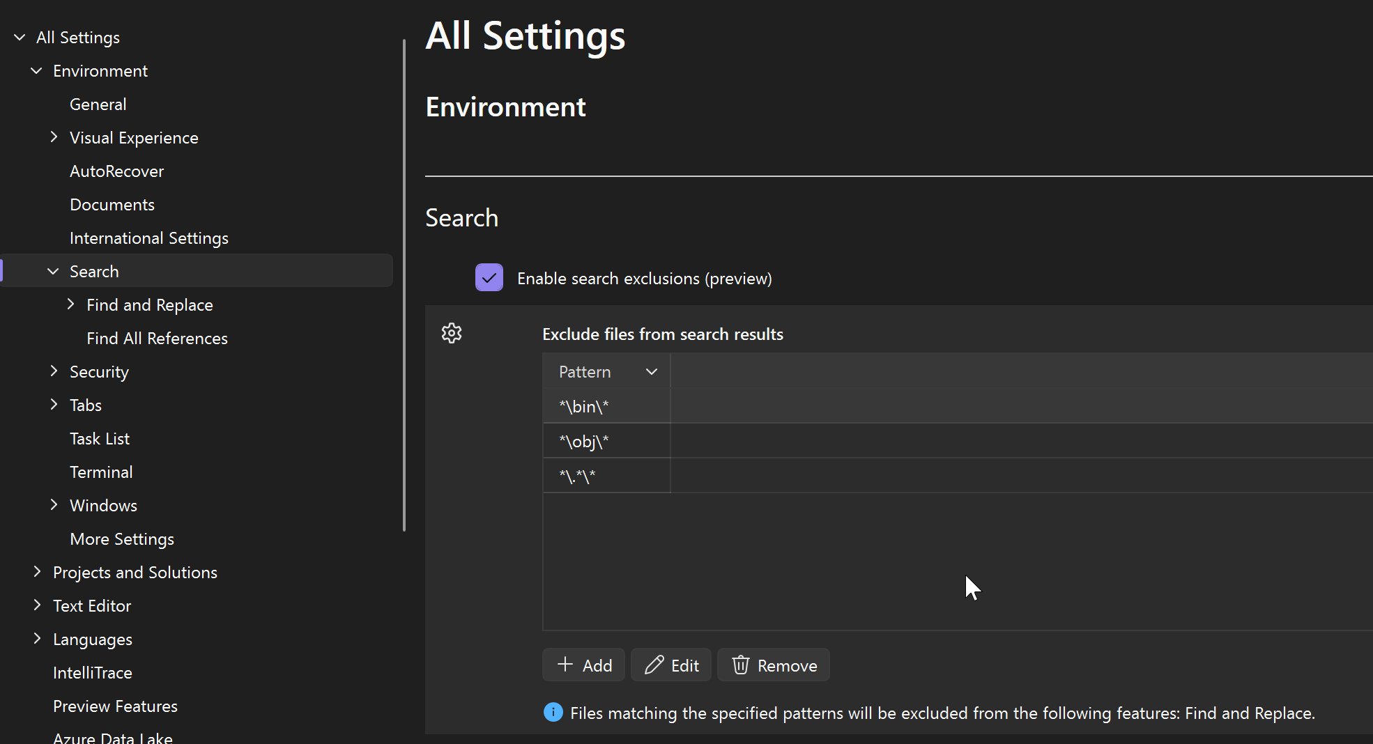 Screenshot that shows settings to exclude files from search results.