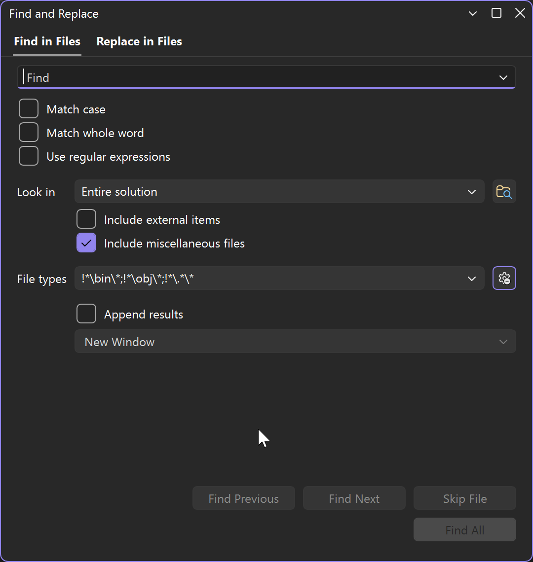 Screenshot of the Find and Replace dialog box in Visual Studio, with the Find in Files tab open.