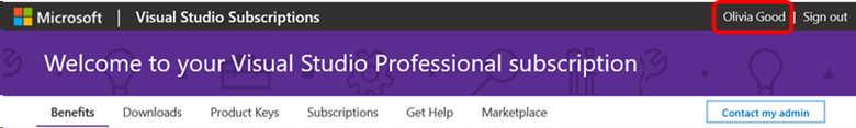 Screenshot of the subscription portal header. The username currently signed in is highlighted. Sign in email address