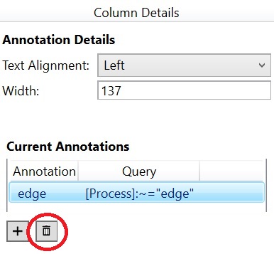 Edit annotation Selecting trash can icon below Current Annotations area of Column details dialog box