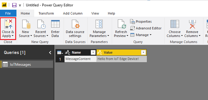 Screenshot that shows the home tab in the Power Query Editor. Close and Apply is circled in red.