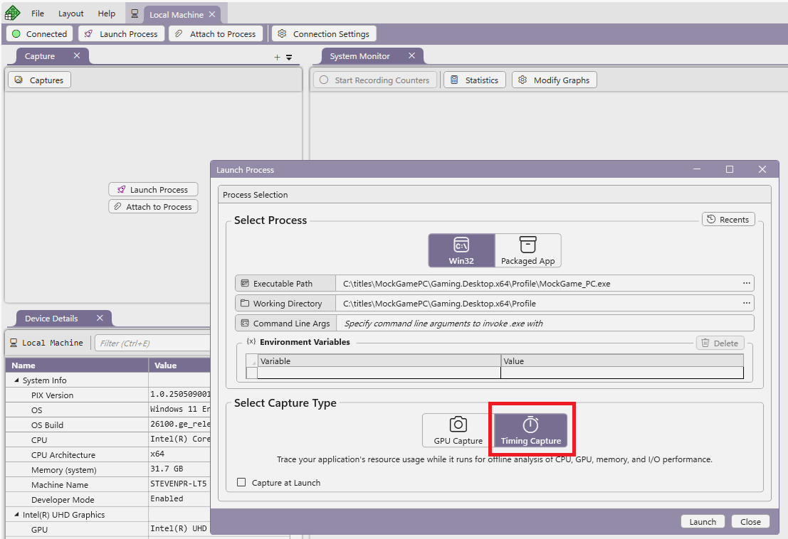 Launching or Attaching to a process to take a Timing Capture