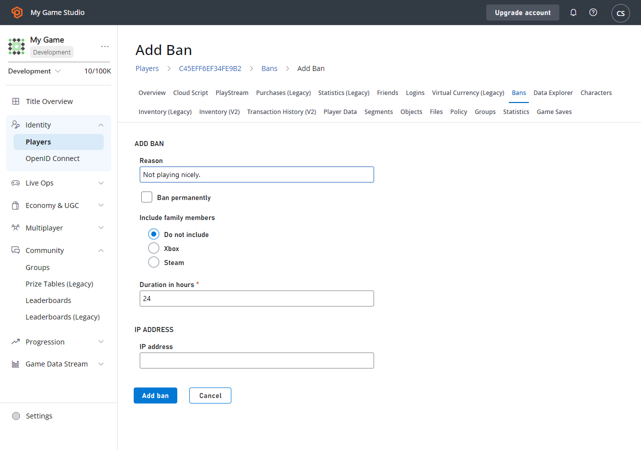 Game Manager - Players - Add Ban