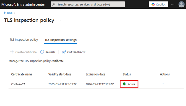 Screenshot that shows the certificate with Active status.