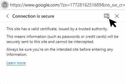 Screenshot that shows Connection is secure and the certificate icon.