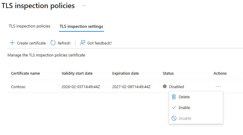 Screenshot that shows the enable action for the certificate.