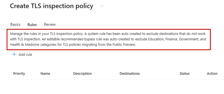 Screenshot that shows the TLS inspection policy rules.