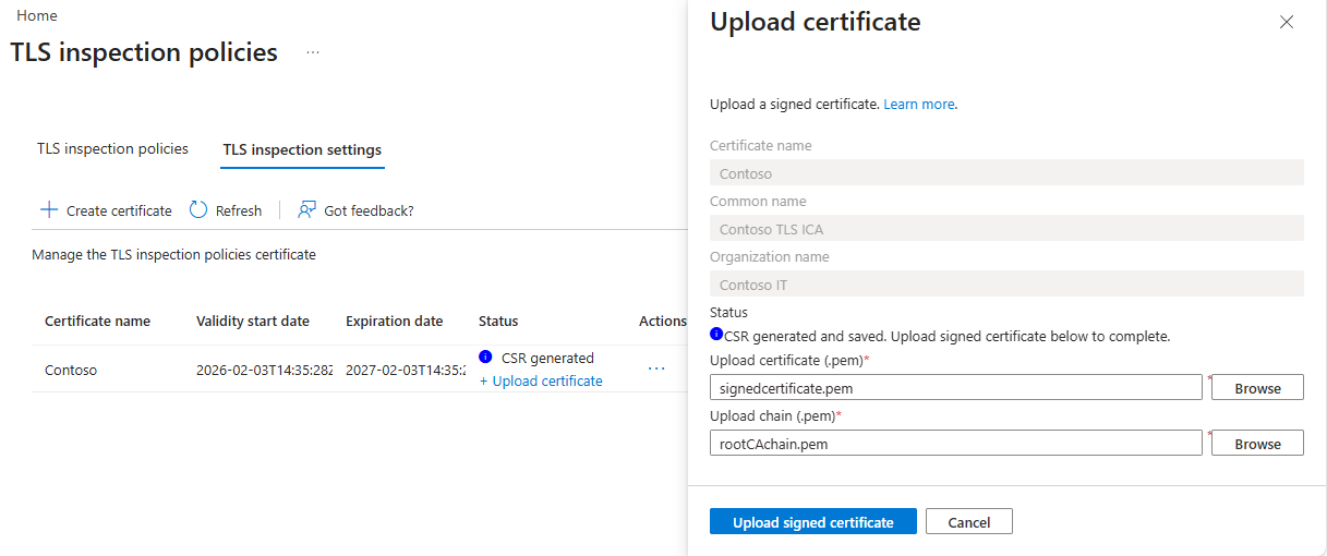 Screenshot that shows uploading the certificate.