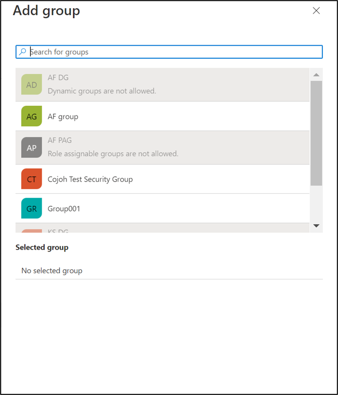 Screenshot of add groups.