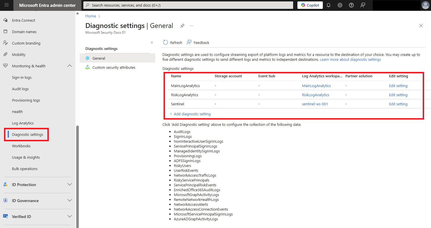 Screenshot of the diagnostic settings screen in Microsoft Entra ID.