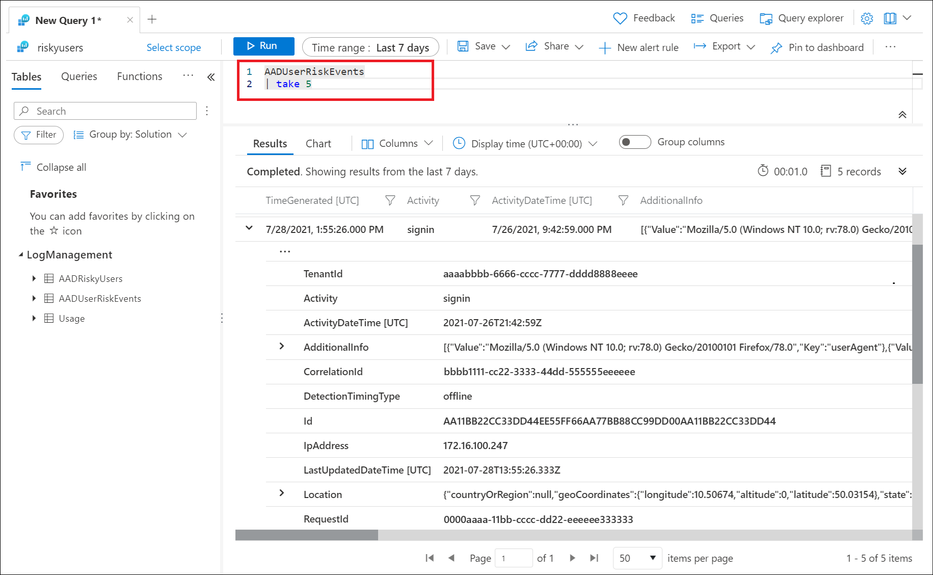 Screenshot of Log Analytics view showing an AADUserRiskEvents query for the top 5 events.