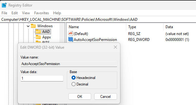 The image displays the registry editor on windows. The first line shows the path of "Computer\HKEY_LOCAL_MACHIEN\SOFTWARE\Policies\Microsoft\AAD. Below that, there is a tree view and a content pane to the right. The treeview shows "Policies", with children of "Adobe", "Google", "Microsoft", and "Microsoft has a child value of "AAD". To the right, we see the registry key that is being created. The name is "AutoAcceptSsoPermission", and to the right a pop up is displayed for creating/editing a new value with ValueName of AutoAcceptSsoPermission, ValueData as 1, and Base has a value of "Hexadecimal".