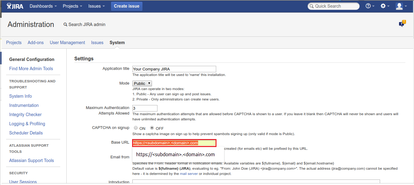Screenshot shows the Administration Settings where you can change the Base U R L.