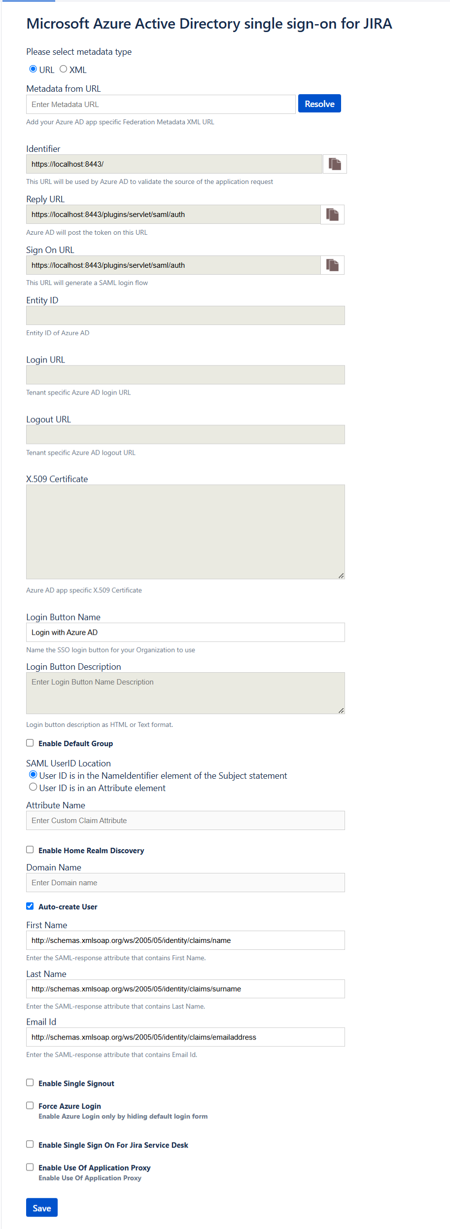 Screenshot shows the Microsoft Entra single sign-on for Jira configuration page.