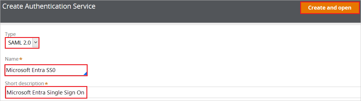 Create Authentication Service screen