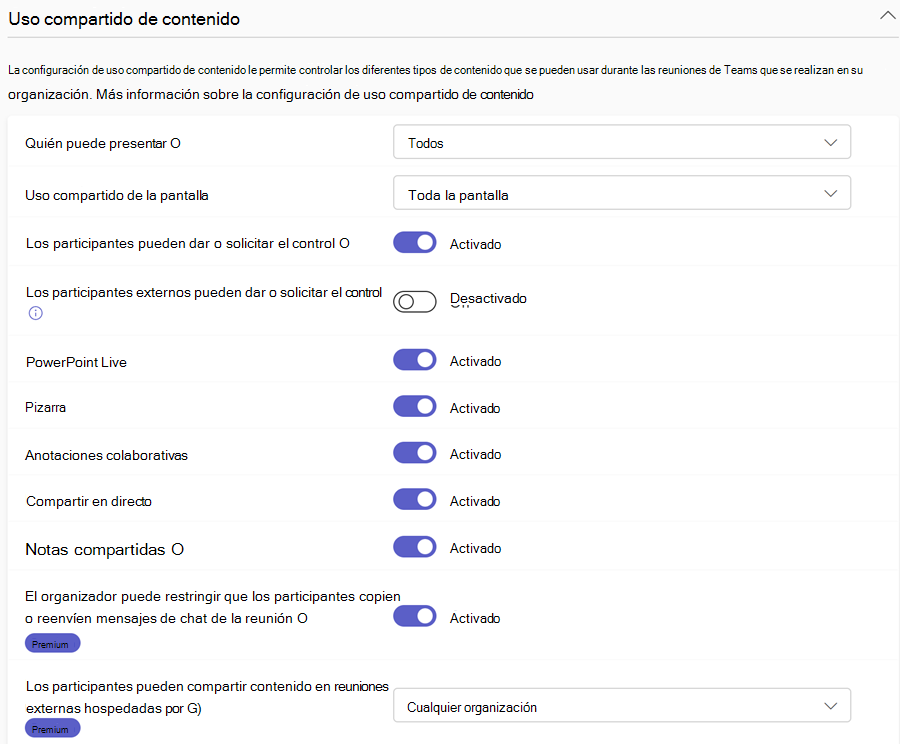 Captura de pantalla de directivas de uso compartido de contenido de reuniones de Teams en el Centro de administración de Teams.