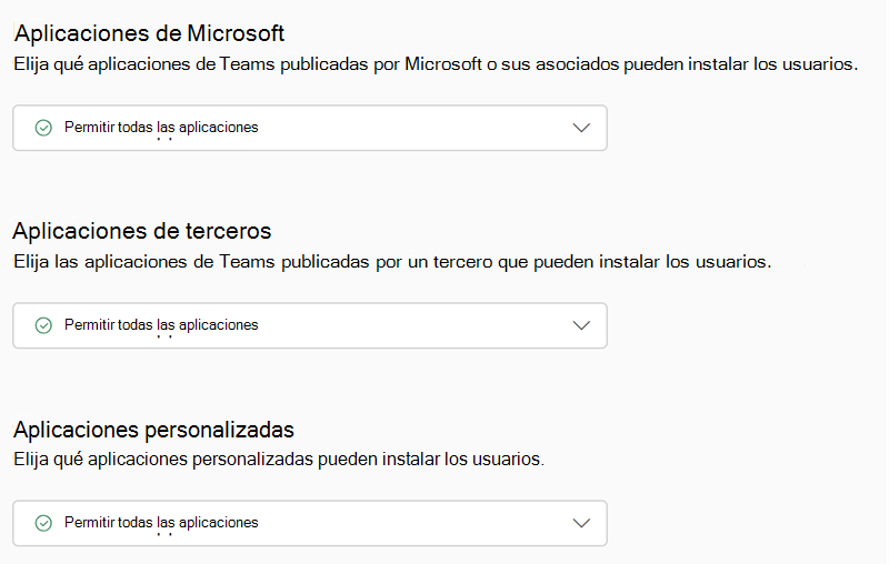 Captura de pantalla de las directivas de permisos de la aplicación Teams en el Centro de administración de Teams.