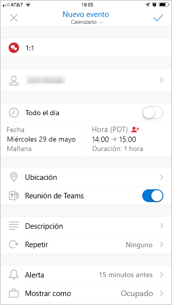 Captura de pantalla del complemento reunión de Teams en Outlook para dispositivos móviles