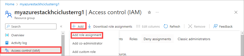 Captura de pantalla de la opción Agregar asignación de roles en control de acceso en el grupo de recursos para la implementación local de Azure.
