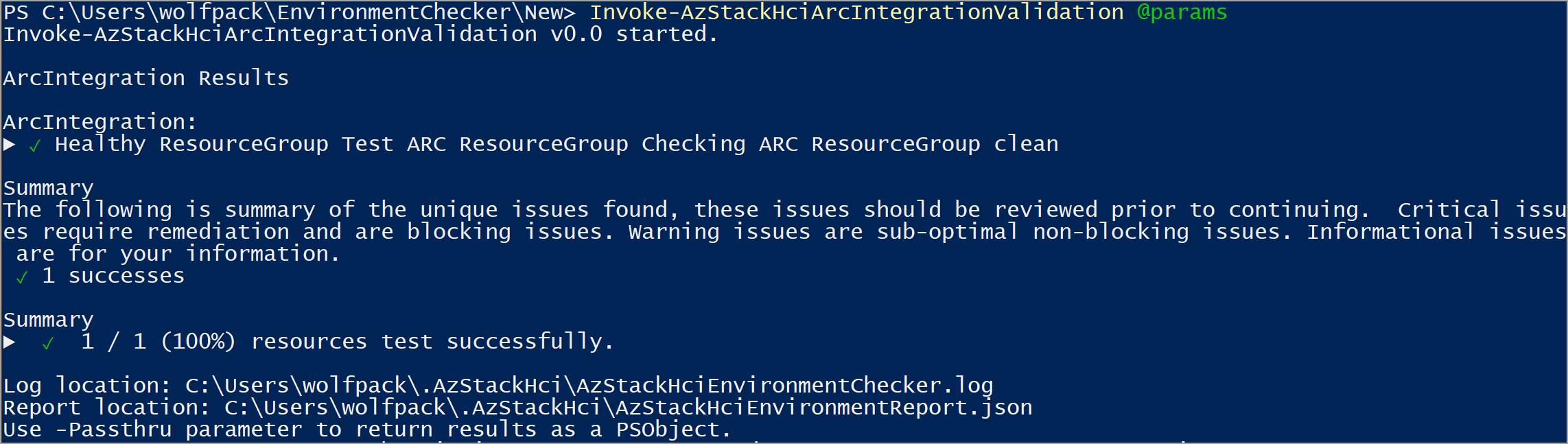 Captura de pantalla de un informe pasado después de ejecutar el validador de integración de Arc.