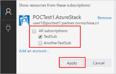 Selección de las suscripciones de Azure Stack Hub después de rellenar el cuadro de diálogo Custom Cloud Environment (Entorno personalizado en la nube)