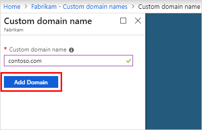 Página de nombres de dominio personalizados, con la página Agregar un dominio personalizado