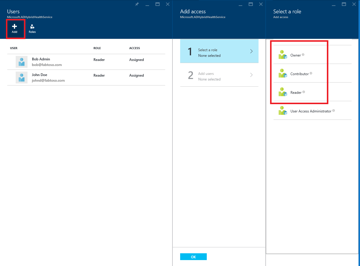Captura de pantalla del menú de configuración de Azure AD Connect Health y Azure RBAC
