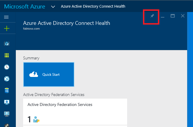 Captura de pantalla de la hoja de anclaje de Azure RBAC y Azure AD Connect Health, con el icono de anclaje resaltado