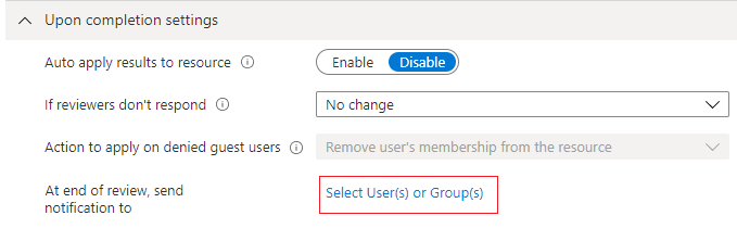 Captura de pantalla de Upon completion settings (Configuración de finalización): Add additional users to receive notifications (Agregar usuarios adicionales para recibir notificaciones).