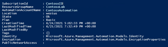 Output from Set-AzAutomationAccount cmdlet.