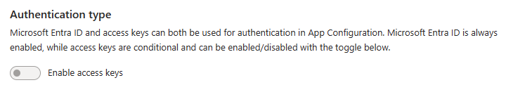 Captura de pantalla que muestra cómo deshabilitar la autenticación mediante clave de acceso para Azure App Configuration