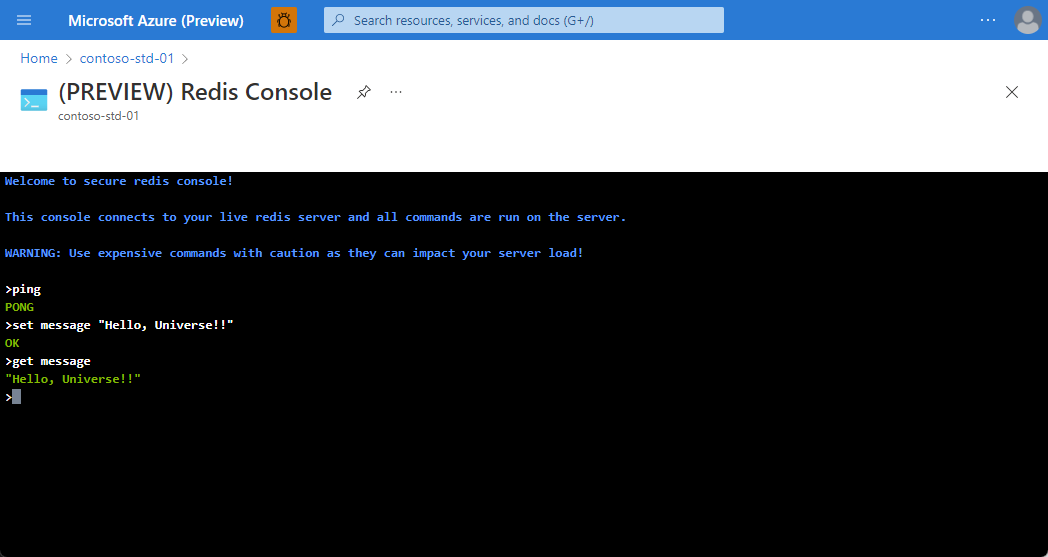 Captura de pantalla que muestra la consola de Redis con el comando de entrada y los resultados.