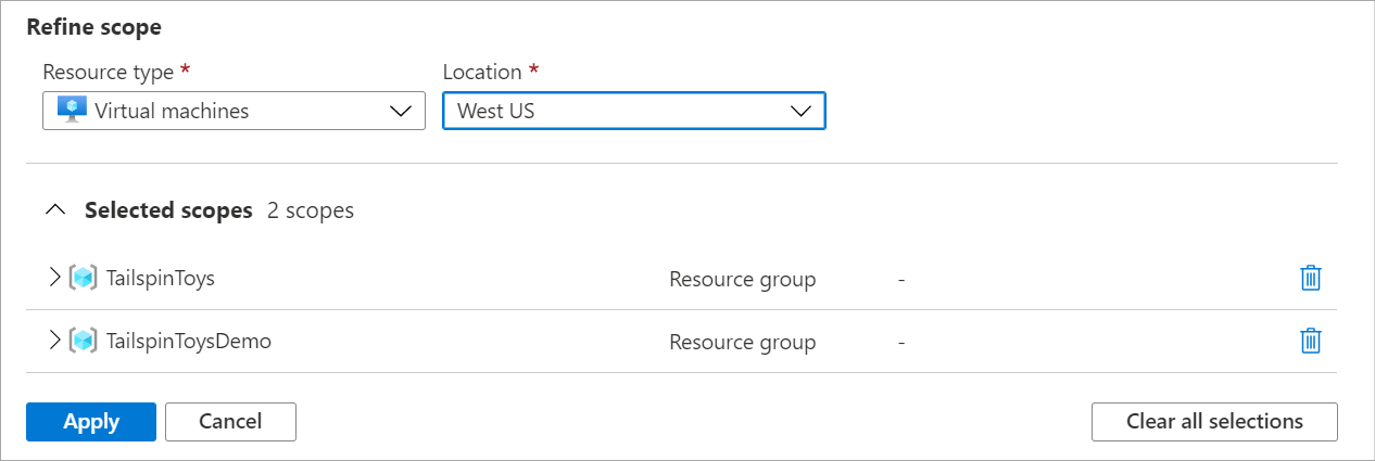 Captura de pantalla que muestra cómo seleccionar grupos de recursos en el selector de ámbito de recursos.