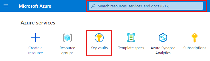Captura de pantalla de la página principal de Azure para abrir un almacén de claves usando la búsqueda o seleccionando Almacenes de claves.