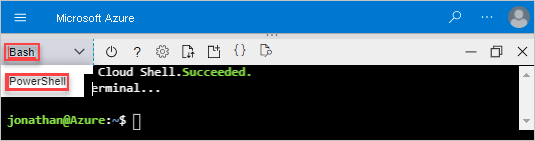 Captura de pantalla de la opción para seleccionar Bash o PowerShell en Cloud Shell.