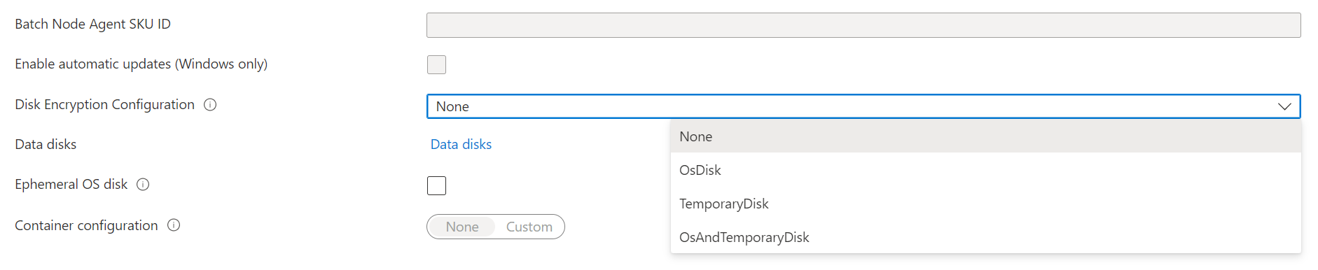 Captura de pantalla de la opción de configuración de cifrado de disco en Azure Portal