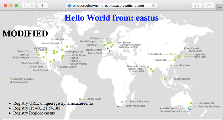Vista del explorador de la aplicación web modificada que se ejecuta en la región del Este de EE. UU.