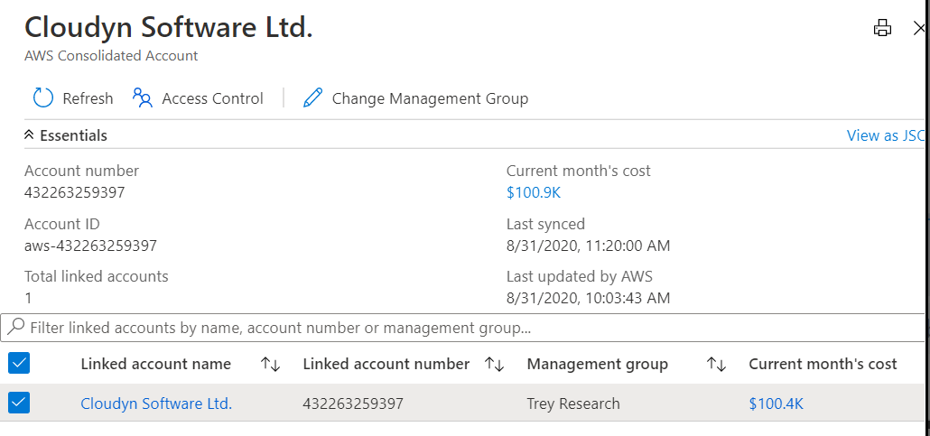 Captura de pantalla que muestra los detalles de una cuenta consolidada de AWS.