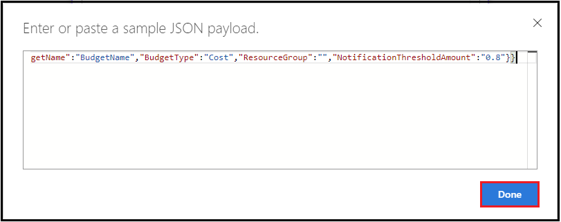 Captura de pantalla que muestra la carga JSON de ejemplo.