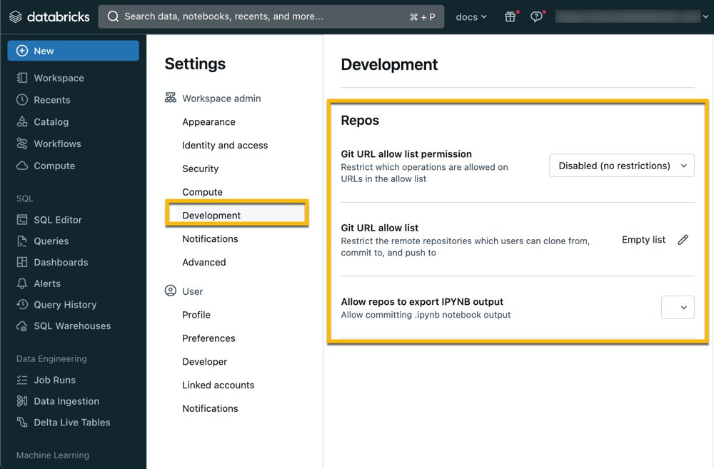 Panel Desarrollo en Configuración de administración, que se usa para establecer el acceso de Git de usuario