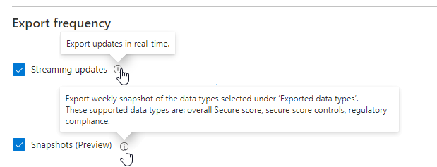Screenshot that shows the export frequency options to select for continuous export in the Secure Score Over Time workbook.