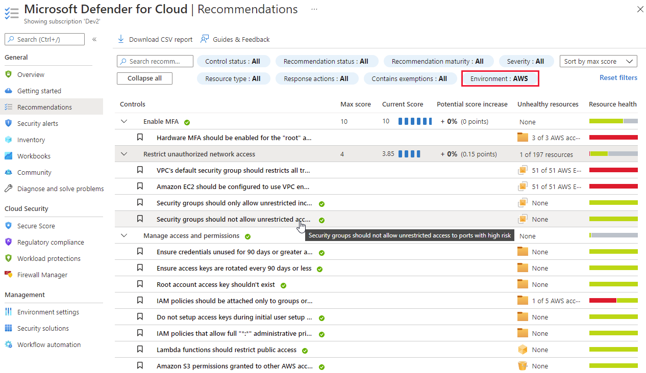 Recursos y recomendaciones de AWS en la página de recomendaciones de Defender for Cloud