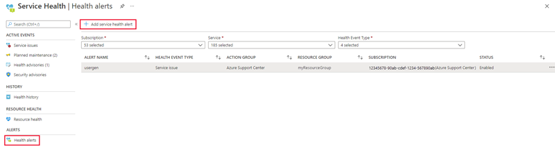 Captura de pantalla de la selección de alertas de mantenimiento en Service Health.
