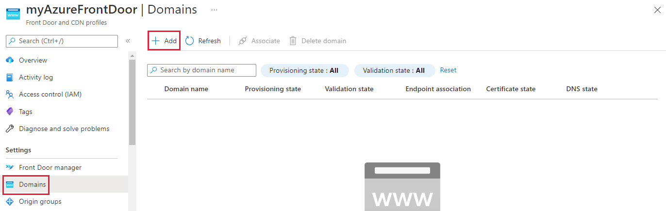 Captura de pantalla que muestra el panel de aterrizaje de configuración del dominio.