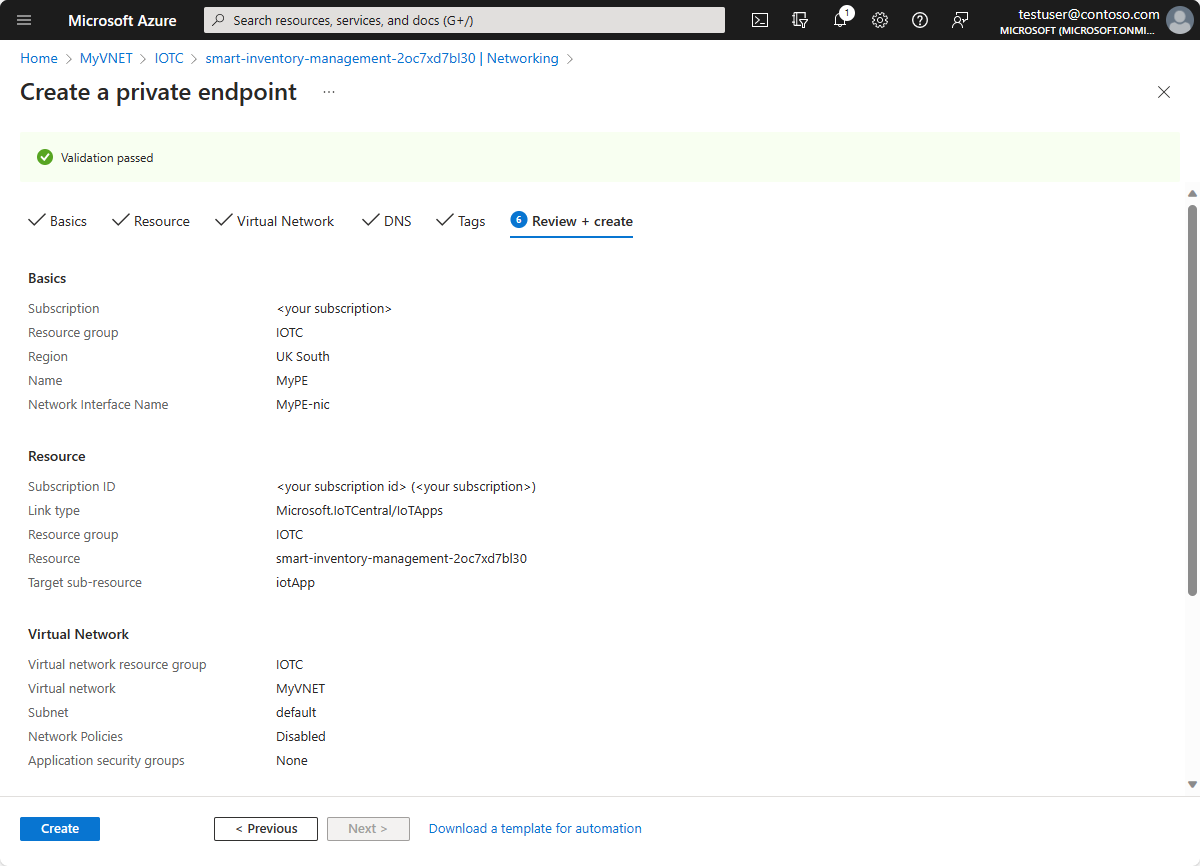 Captura de pantalla de Azure Portal que muestra el resumen para crear un punto de conexión privado.