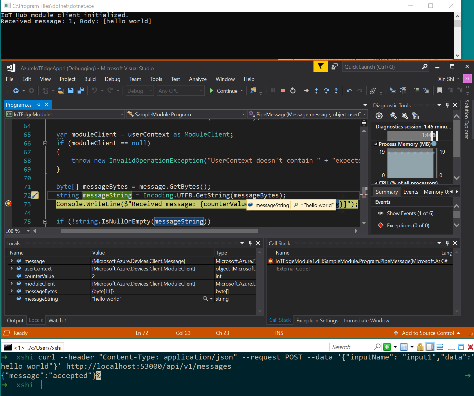 Captura de pantalla de la consola de salida, del proyecto de Visual Studio y de la ventana de Bash.